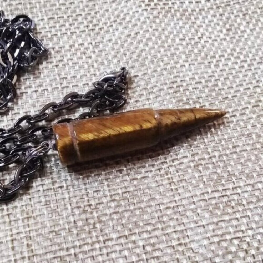 Real TigersEye Bullet + 24" Chain - Rugged Men's Necklace - Courage + Protection - Picture 10 of 14